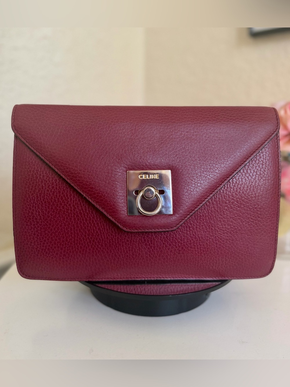 Celine Wine Red Pebbled Leather Envelope Clutch Purse Gold Hardware - Picture 3 of 17